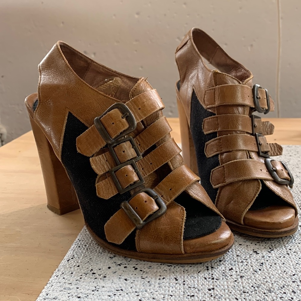 Unknown Brand Spanish-made Leather & Canvas Buckle Strap Sling-back Sandal Heel